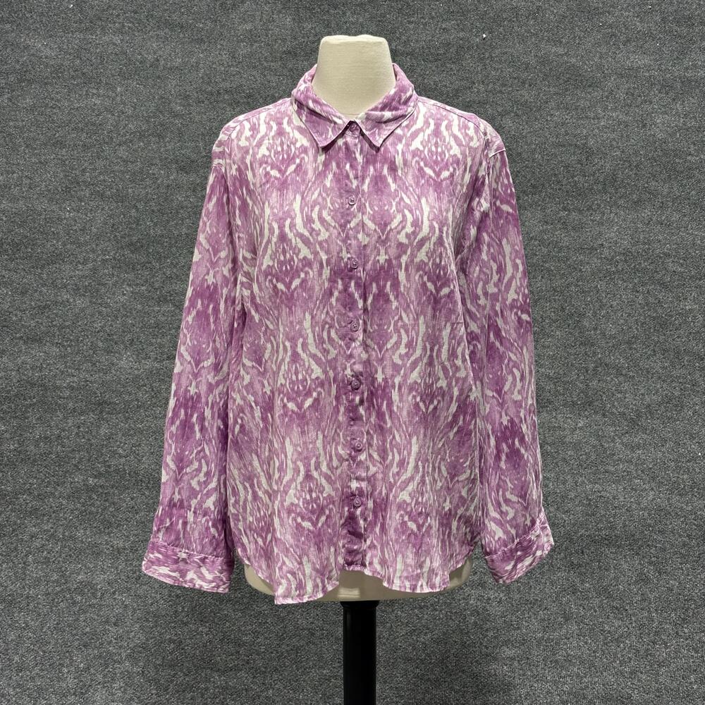 Kim Rogers Shirt Womens PXL Purple White Linen Button Up Long Sleeve Petite Top